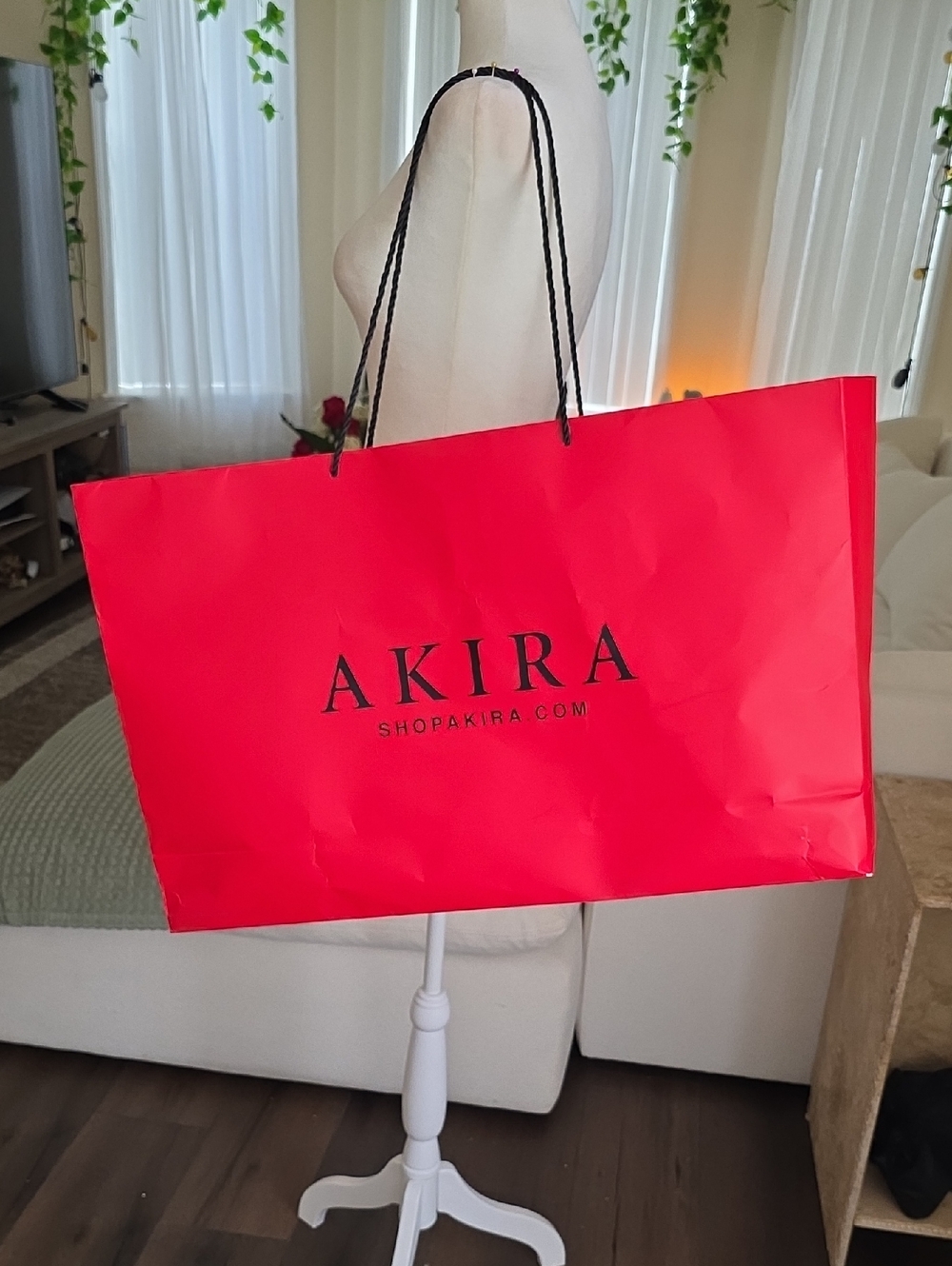 AKIRA Bright Red‎ Tote with Black Rope Handles Shopping Bag